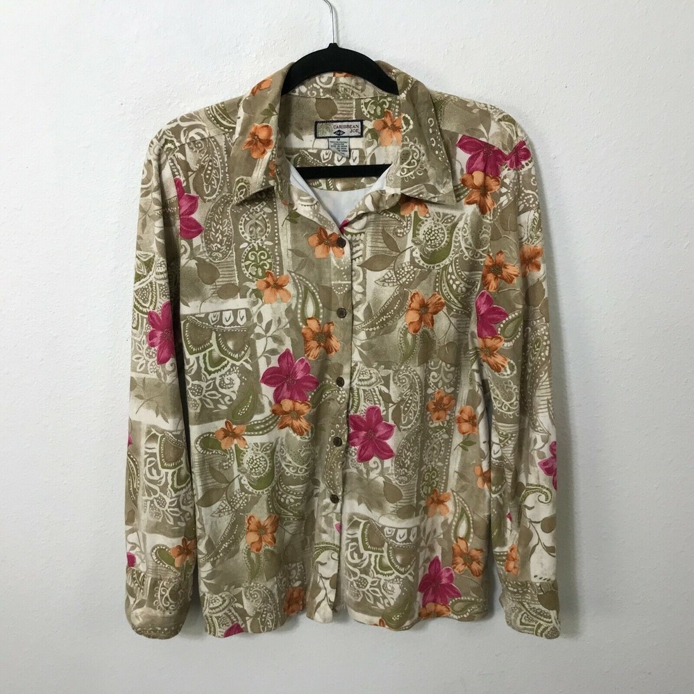 Caribbean Joe Hawaiian Shirt Size M Soft Polyester Multicolor Floral Long Sleeve